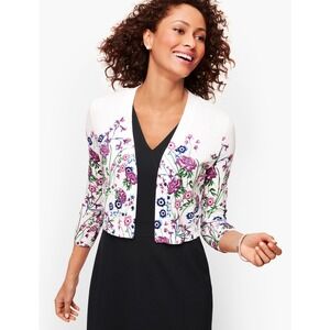 Talbots White Floral Open Front Cropped Cardigan Sweater Women Sz M lightweight